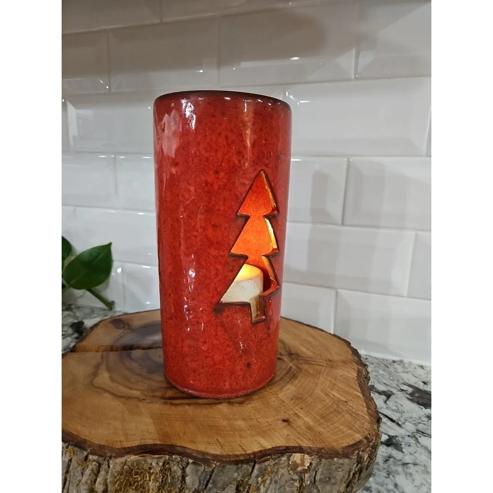 Ceramic Christmas TREE Votive Hand -Glazed Candle‎ Holder SET OF 2!! 9 INC